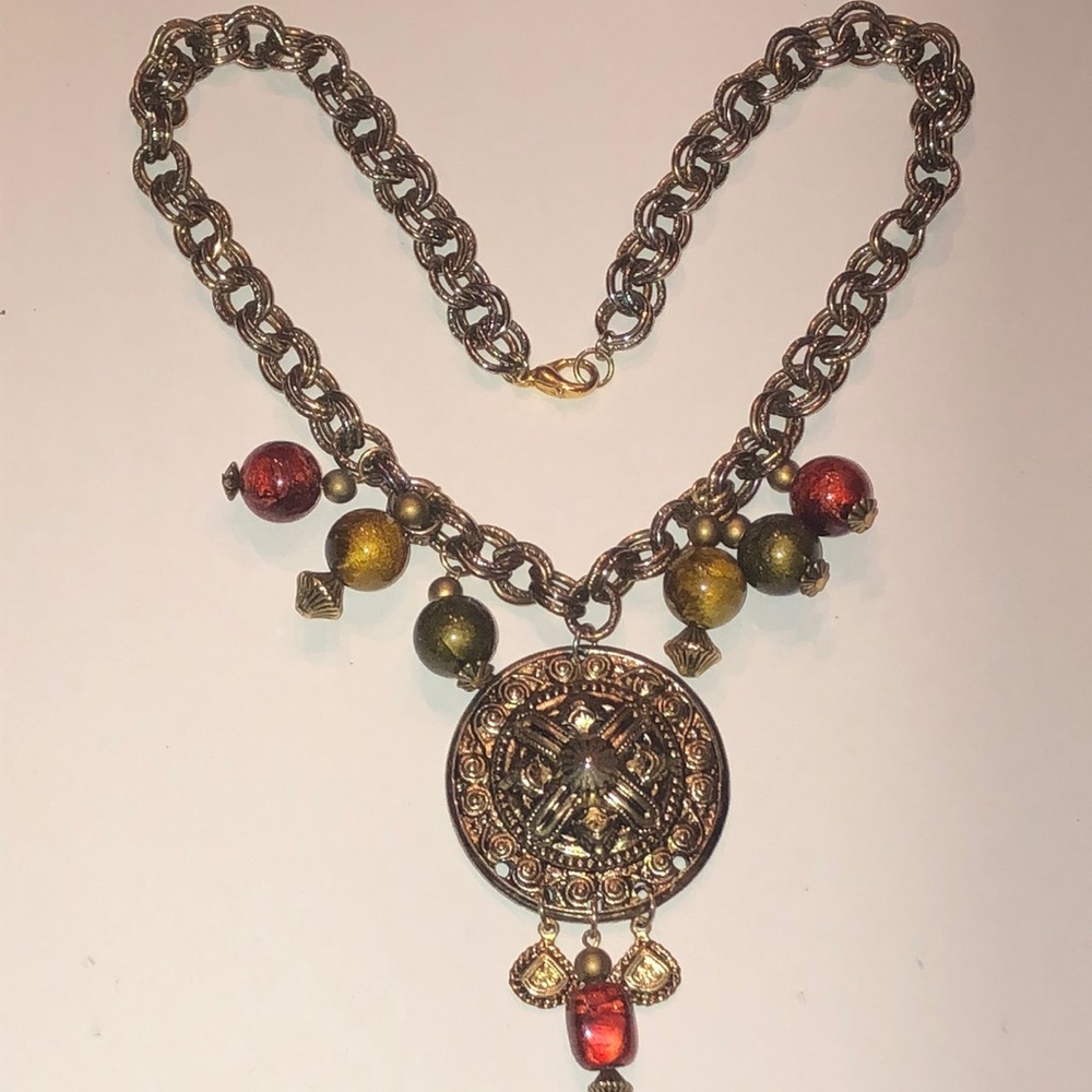 Elegant Aged Metal Gold Tone and Glass Shimmer Beaded Boho Pendant Necklace